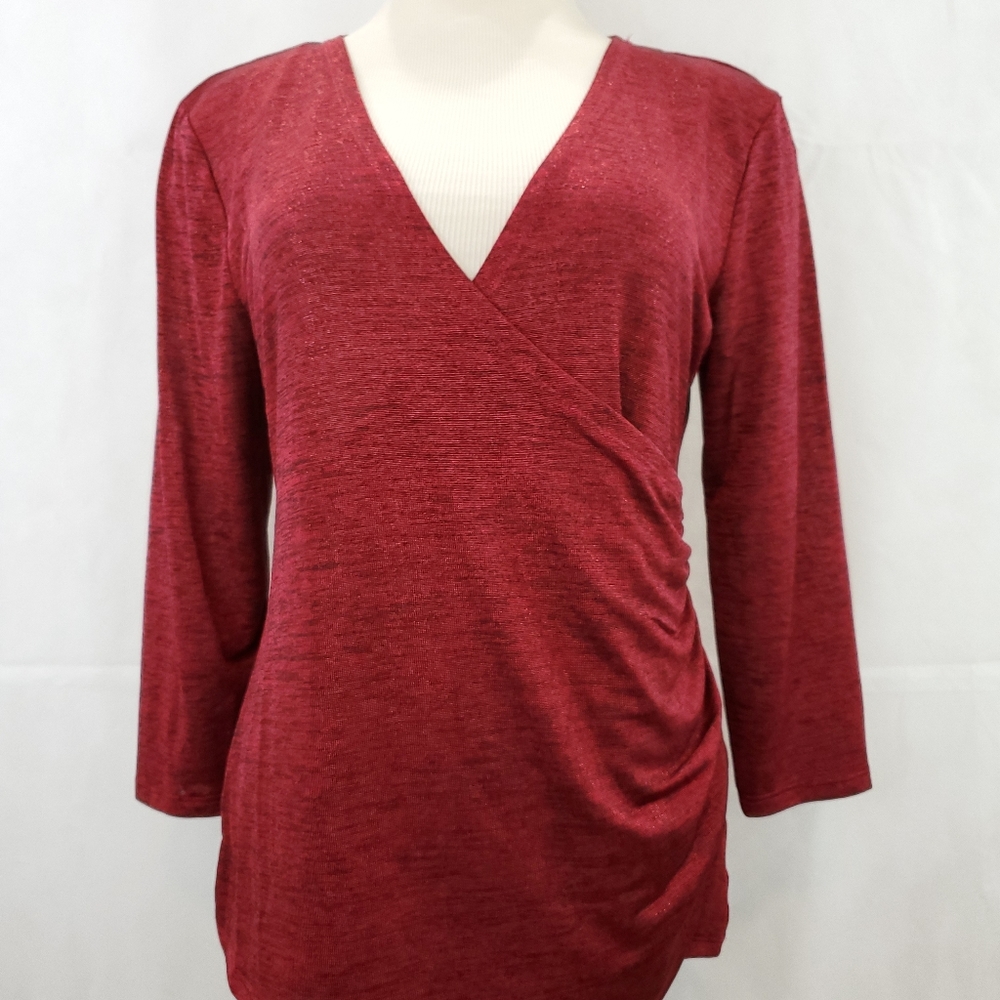 Jennifer Lopez Women Fitted Wrap Top Red Stretch Ruched Side 3/4 Sleeve Size M
